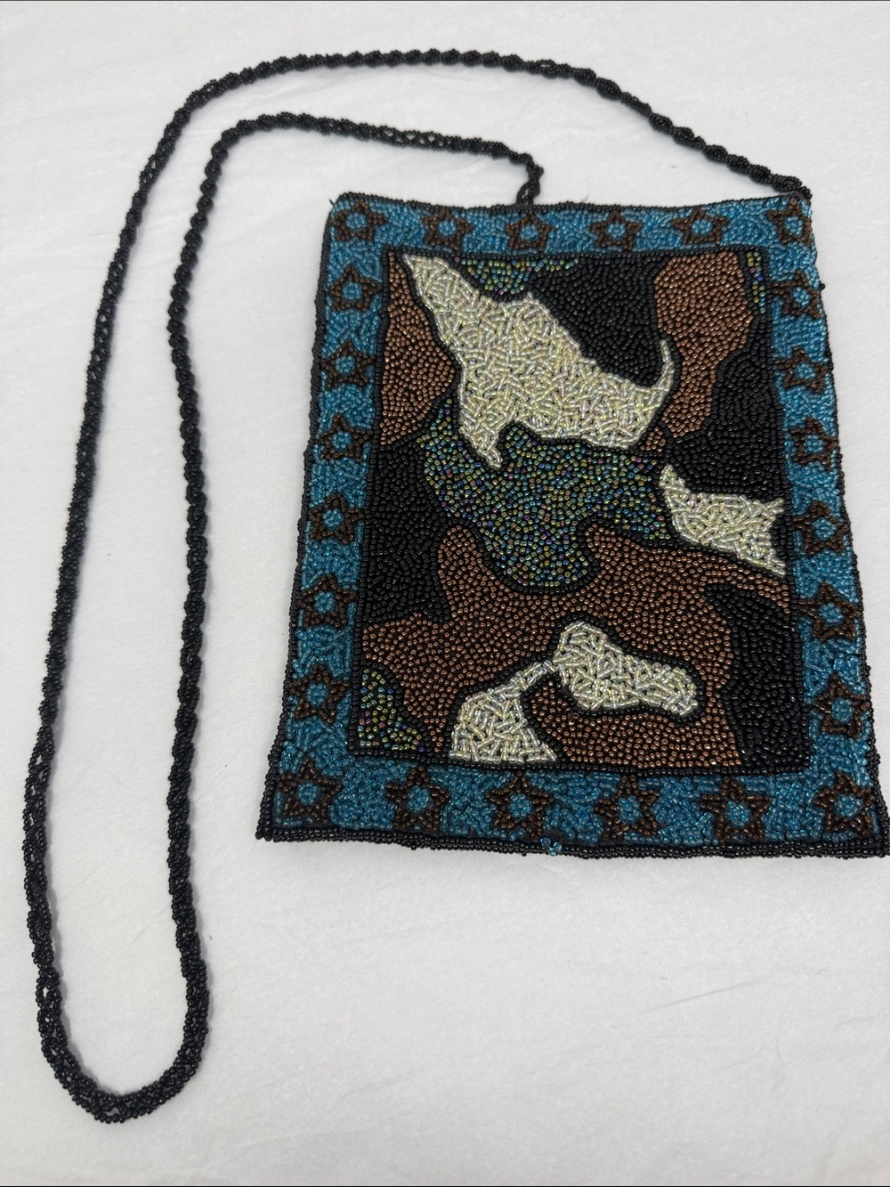 BARSE Hand Beaded Crossbody Purse Blue Brown Beadwork Bag Boho Art to Wear Y2K